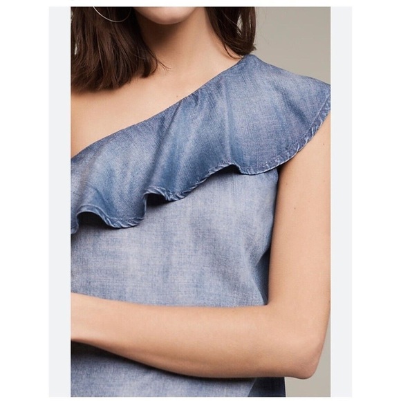 ANTHROPOLOGIE | CLOTH & STONE one shoulder chambray ruffle top| size medium - Picture 3 of 9